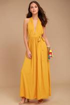 Lulus | Magical Movement Mustard Yellow Wrap Maxi Dress | Size Large | 100% Rayon