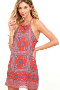 Lulus Social Philosophy Coral Red Print Halter Dress
