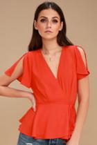 Think Chic Coral Red Peplum Wrap Top | Lulus
