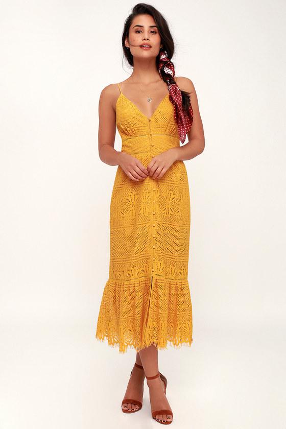 Dee Elly Robyn Mustard Yellow Lace Button-up Midi Dress | Lulus