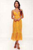 Dee Elly Robyn Mustard Yellow Lace Button-up Midi Dress | Lulus