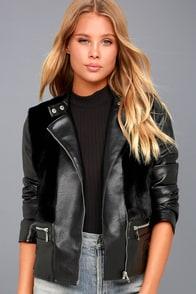 Lulus Renegade Heart Black Faux Fur Vegan Leather Moto Jacket