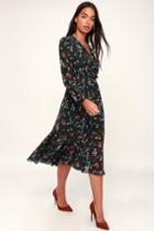 Primrose Hill Forest Green Floral Print Long Sleeve Midi Dress | Lulus