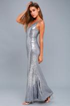 Lulus | Here To Wow Gunmetal Sequin Maxi Dress | Size Medium | Silver | 100% Polyester