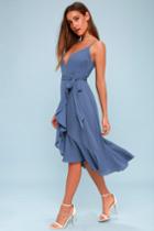 Manhattan Moment Blue Ruffled Midi Wrap Dress | Lulus