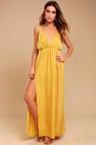 Lulus | Uncharted Waters Mustard Yellow Satin Maxi Dress | Size Large | 100% Polyester