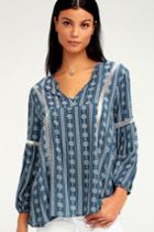 Bella Vista Denim Blue Print Embroidered Long Sleeve Top | Lulus