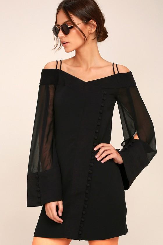 C/meo Presence Black Long Sleeve Off-the-shoulder Dress | Lulus
