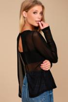 Lulus | Love Light Black Sheer Mesh Long Sleeve Top | Size Large | 100% Polyester