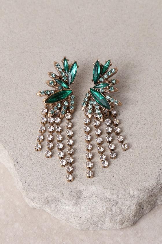 Lulus | Glimmering Isle Gold And Green Rhinestone Earrings