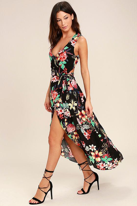 Lulus | Something To Believe In Black Floral Print Wrap Dress | Size X-large | 100% Rayon