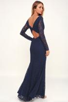 Natural Beauty Navy Blue Lace Long Sleeve Maxi Dress | Lulus