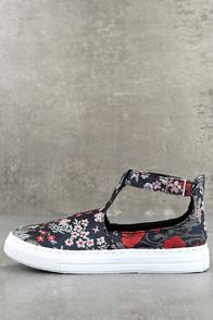 Qupid Anna Navy Multi Brocade T-strap Sneakers