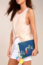 Lulus Tropical Toucan Blue Denim Embroidered Clutch