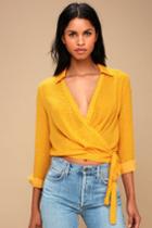 Corin White And Mustard Yellow Polka Dot Long Sleeve Wrap Top | Lulus