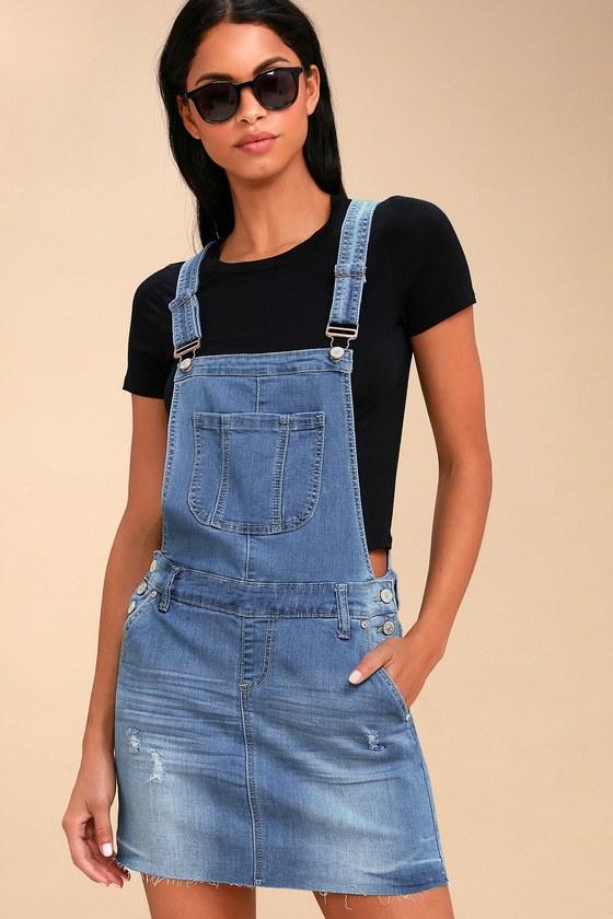 En Jean Playin' Hooky Light Wash Denim Overall Dress | Lulus