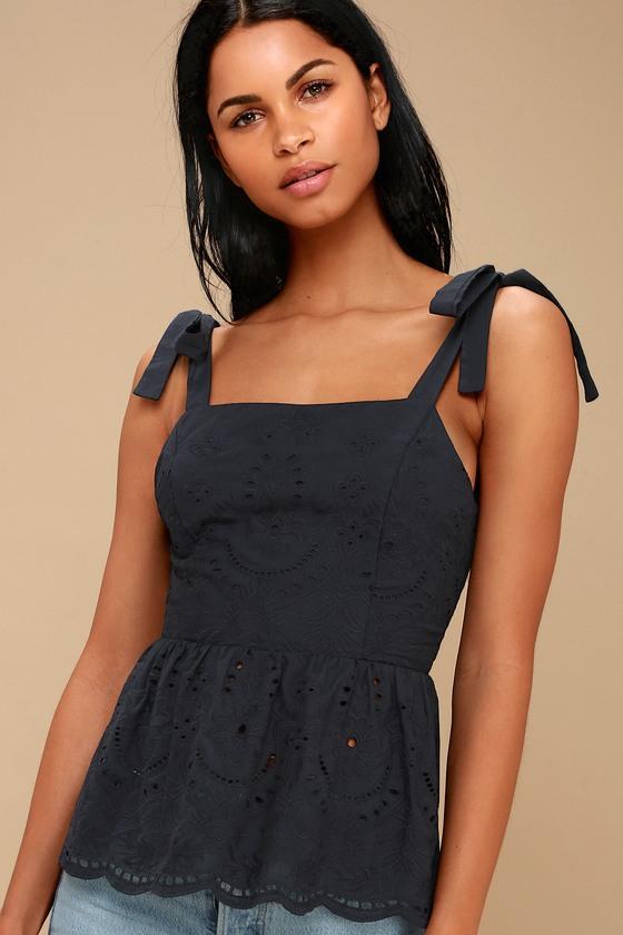 That Lovin' Feeling Midnight Blue Eyelet Tie-strap Peplum Top | Lulus