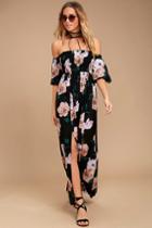 Lulus | Primrose Princess Black Floral Print Off-the-shoulder Maxi Dress | Size Large | 100% Rayon