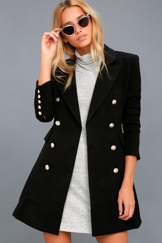 Lulus | Captain's Blog Black Double-breasted Coat | Size Medium | 100% Polyester