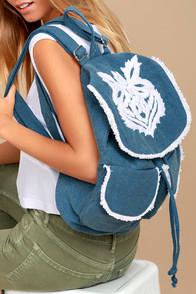 Lulus Next Adventure Denim Blue Embroidered Backpack
