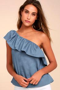 Lulus Bitsy Blue Chambray One-shoulder Top