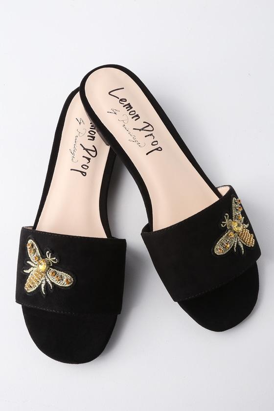 Lemon Drop By Privileged Hive Black Suede Embroidered Slide Sandal Heels | Lulus