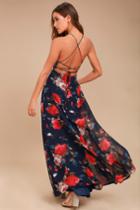 Lulus | Debut Navy Blue Floral Print Lace-up Maxi Dress | Size Medium | 100% Polyester