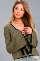 Lulus | Verses From The Heart Olive Green Bell Sleeve Knit Sweater | Size Large
