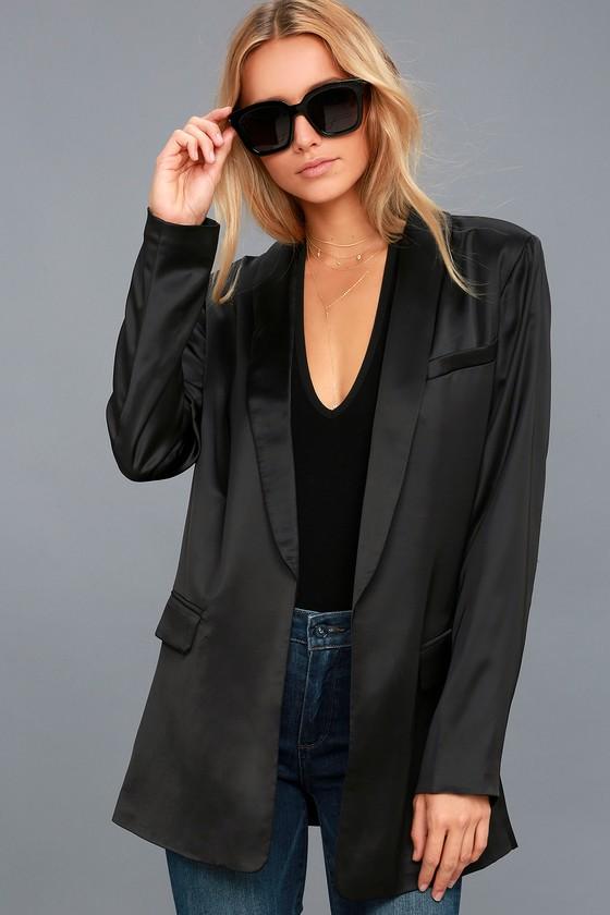 Lulus | Stylish Pursuit Black Satin Blazer | Size Large