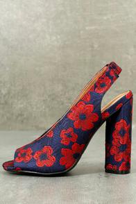 Qupid Yelena Navy And Red Embroidered Slingback Pumps