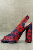 Qupid Yelena Navy And Red Embroidered Slingback Pumps