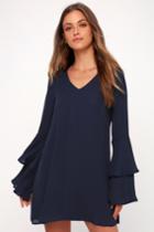 Guest Of Honor Navy Blue Flounce Sleeve Shift Dress | Lulus