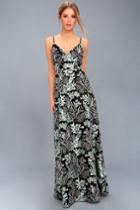 Lulus | Night Blooms Black Embroidered Lace Maxi Dress | Size Medium | 100% Polyester