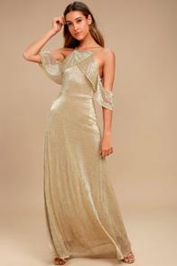Lulus Shine Bright Gold Off-the-shoulder Maxi Dress