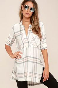 Lush Chic Thrills Ivory Plaid Tunic Top