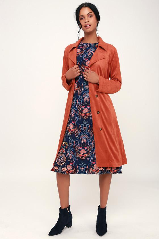 Marika Rust Orange Suede Trench Coat | Lulus