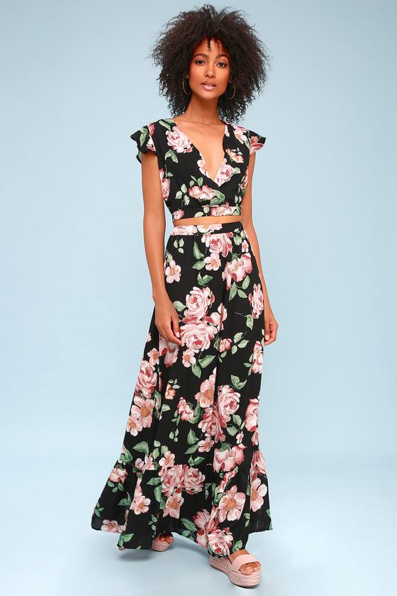 Good Fleur You Black Floral Print Two-piece Maxi Dress | Lulus