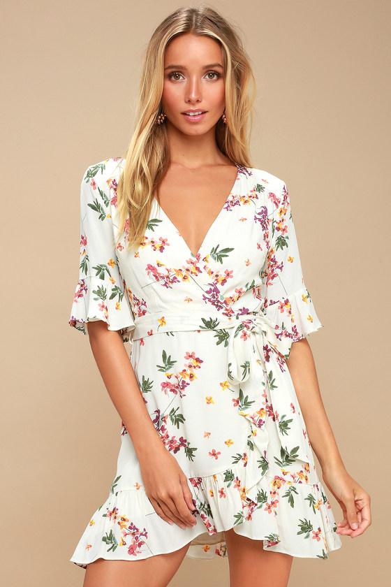 Lost + Wander Regina Cream Floral Print Ruffled Surplice Dress | Lulus