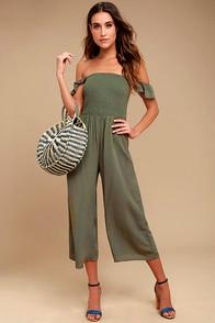 Lulus Willa Olive Green Off-the-shoulder Midi Jumpsuit