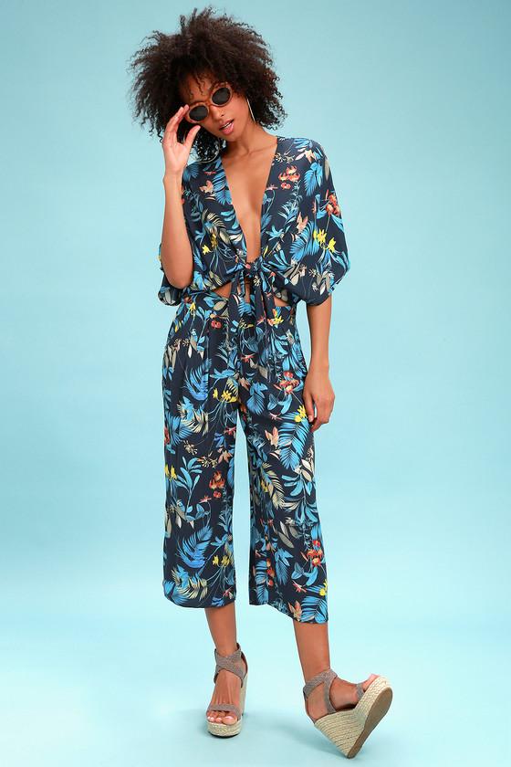 On The Road Rover Navy Blue Tropical Print Culotte Pants | Lulus