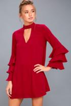 Lulus | Aesthetic Aspirations Red Flounce Sleeve Shift Dress | Size Large | 100% Polyester