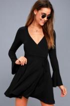 Lulus | Plot Twist Black Flounce Sleeve Wrap Dress | Size X-small