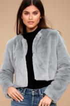 Carmin | Paris Nights Slate Blue Faux Fur Cropped Jacket | Size Small | 100% Polyester | Lulus