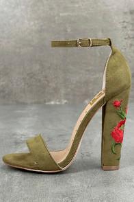 Fahrenheit Adela Olive Suede Embroidered Ankle Strap Heels
