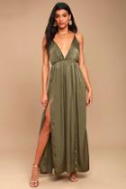 Lulus Uncharted Waters Olive Green Satin Maxi Dress