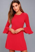 Lulus | Center Of Attention Red Flounce Sleeve Dress | Size Medium | 100% Polyester