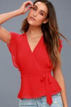 Fit For Flaire Red Ruffle Wrap Top | Lulus