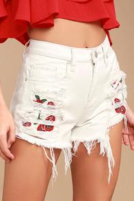 Blank Nyc Pin-up High Rise White Embroidered Distressed Shorts