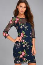 Lulus | Wilhelmina Navy Blue Embroidered Dress | Size Large | 100% Polyester