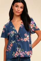 Cielito Navy Blue Floral Print Lace-up Top | Lulus